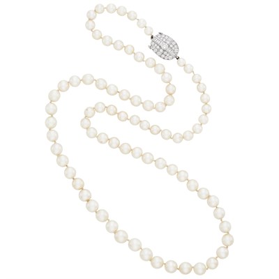 Lot 1493 - Long Cultured Pearl Necklace with Platinum and Diamond Clasp
