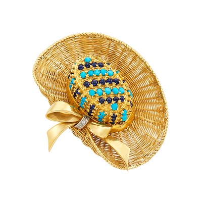 Lot 679 - Gold, Turquoise, Cabochon Sapphire and Diamond Sun Hat Brooch