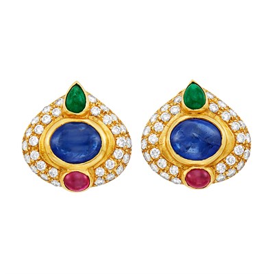 Lot 24 - Pair of Gold, Cabochon Colored Stone and Diamond Earclips