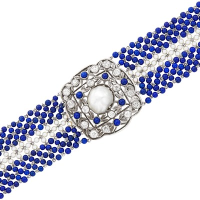 Lot 503 - Multistrand Lapis, Seed Pearl, Natural Baroque Pearl and Diamond Bracelet