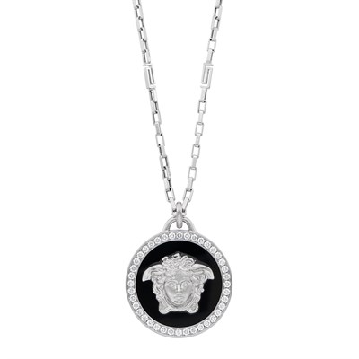 Lot 758 - Platinum, Diamond and Black Enamel Medusa Pendant with White Gold Chain Necklace, Gianni Versace