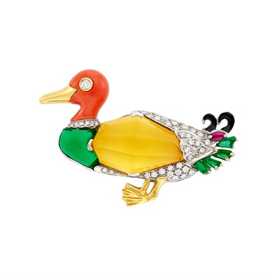 Lot 58 - Two-Color Gold, Citrine, Cabochon Emerald, Ruby, Diamond, Green Glass and Black Enamel Mallard Clip-Brooch