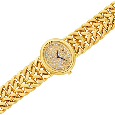 Lot 23 - Gold and Diamond Curb Link Wristwatch, Piaget