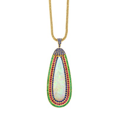 Lot 829 - Gold, Opal and Gem-Set Pendant with Long Herringbone Chain Necklace, Buccellati