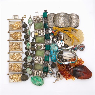 Lot 1819 - Group of Silver, Metal and Hardstone Jewelry and Fragments