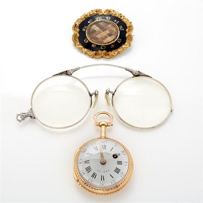 Lot 1751 - Gold Open Face Pocket Watch, Low Karat Gold Mourning Brooch and Pair of Metal Eye Glasses