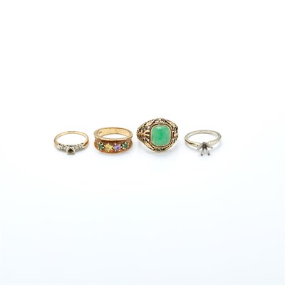 Lot 1486 - Two Gold and Gem-Set Rings and Two Yellow and White Gold and Diamond Ring Mountings