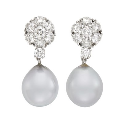 Lot 235 - Pair of White Gold, Diamond and Gray Cultured Pearl Pendant-Earclips