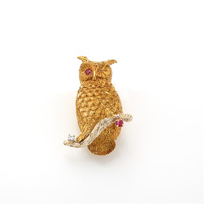 Lot 1097 - Two-Color Gold, Ruby and Diamond Winking Owl Brooch