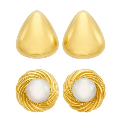 Lot 712 - Pair of Gold Earclips and Gold and Mabé Pearl Earclips