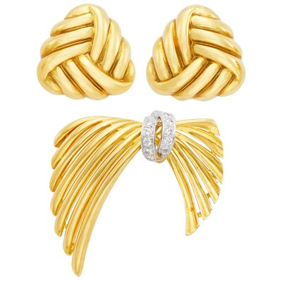 Lot 14 - Two-Color Gold and Diamond Bow Brooch and Pair of Gold Knot Earclips