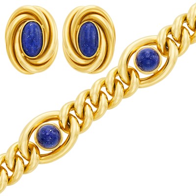 Lot 15 - Gold and Lapis Curb Link Bracelet and Pair of Earclips