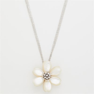 Lot 1201 - White Gold, Mother-of-Pearl and Diamond Flower Brooch Pendant-Necklace