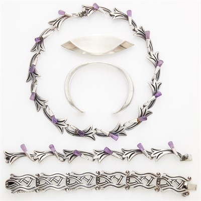 Lot 1404 - Sterling Silver and Amethyst Necklace, Bracelet, Bangle Bracelet, Georg Jensen, and Brooch