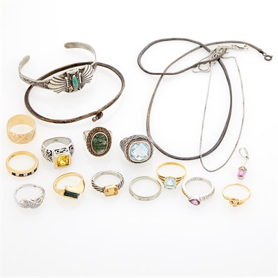 Lot 1795 - Group of Gold, Silver, Gem-Set and Diamond Rings, Bracelets and Necklaces