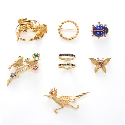 Lot 1525 - Group of Gold, Low Karat Gold and Gem-Set Pins and Two Band Rings