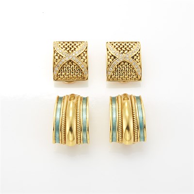 Lot 1096 - Two Pairs of Gold, Enamel and Diamond Earclips