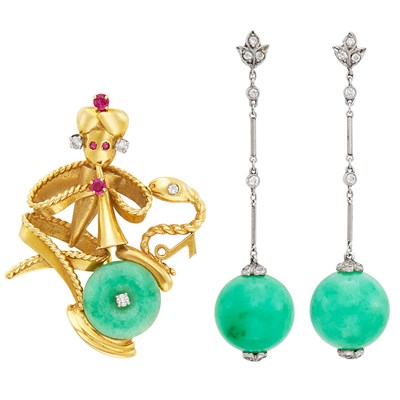 Lot 619 - Gold, Jade, Ruby and Diamond Snake Charmer Brooch, Tiffany & Co., and Pair of Gold, Platinum, Jade and Diamond Pendant-Earrings