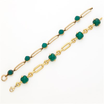 Lot 1036 - Gold and Green Chalcedony Bracelet and Gold-Filled and Glass Bracelet