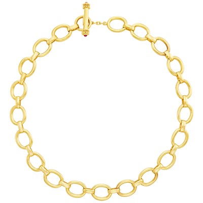 Lot 705 - Gold and Cabochon Ruby Toggle Link Necklace, Elizabeth Locke