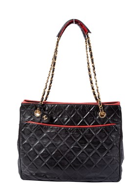 Lot 458 - Chanel Navy and Red Trim Quilted Leather Tote Bag