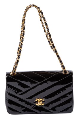 Lot 461 - Chanel Black Patent Leather Chevron Shoulder Bag