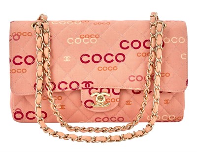 Lot 469 - Chanel Pink Fabric 'COCO' Double Flap Bag