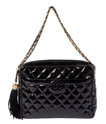 Lot 484 - Chanel Black Quilted Patent Leather Large Camera Bag