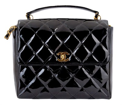 Lot 496 - Chanel Black Patent Leater Quilted Flap Top Handle Bag