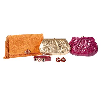 Lot 533 - Judith Leiber Assorted Clutches, Belt and Pair of Earclips