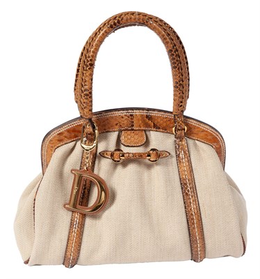 Lot 523 - Christian Dior Beige Canvas and Python Top Handle Bag