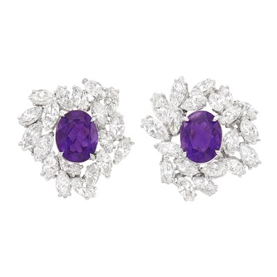 Lot 735 - Pair of Platinum, Amethyst and Diamond Earrings
