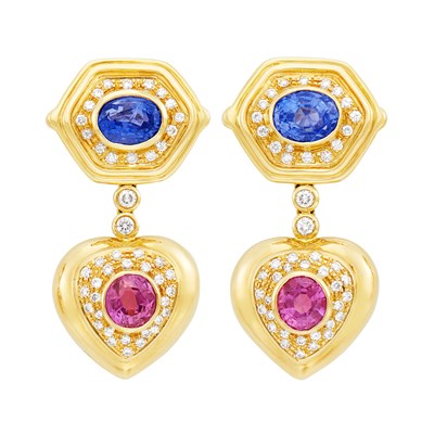 Lot 258 - Pair of Gold, Sapphire, Pink Sapphire and Diamond Pendant-Earrings