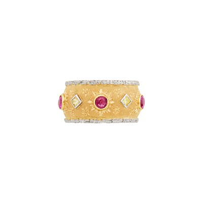 Lot 572 - Wide Two-Color Gold, Ruby and Yellow Diamond Band Ring