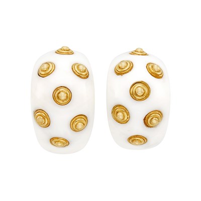 Lot 830 - Pair of Gold and White Agate Half-Hoop Earclips, Van Cleef & Arpels