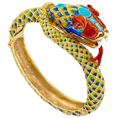 Lot 429 - Gold, Enamel and Ruby Snake Bangle Bracelet