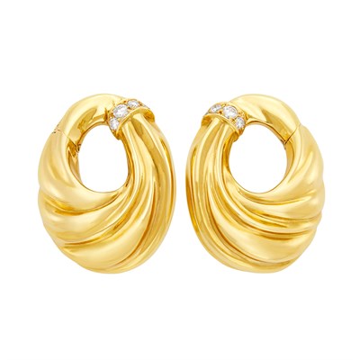 Lot 17 - Van Cleef & Arpels Pair of Gold and Diamond Hoop Earclips, France