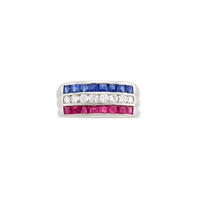 Lot 583 - Platinum, Diamond, Sapphire and Ruby Ring, Cartier