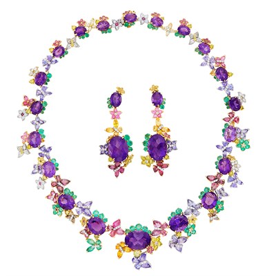 Lot 112 - Two-Color Gold, Gem-Set and Diamond Necklace and Pair of Pendant-Earrings