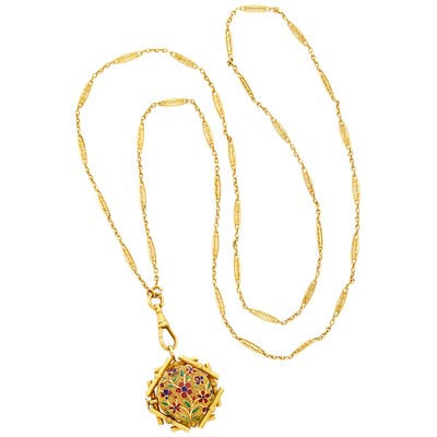 Lot 547 - Antique Gold and Enamel Pendant-Watch with Long Gold Chain Necklace
