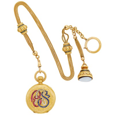 Lot 549 - Gold, Enamel, Diamond and Gem-Set Demi-Hunting Case Pocket Watch with Triple Strand Tricolor Gold, Enamel and Agate Fob Chain