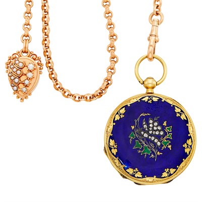 Lot 147 - Gold, Enamel and Diamond Hunting Case Pocket Watch with Rose Gold and Split Pearl Fob Chain