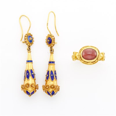 Lot 1555 - High Karat Gold and Cabochon Garnet Ring and Pair of Gold and Enamel Pendant-Earrings
