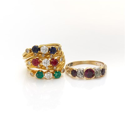 Lot 1426 - Gold, Gem-Set and Diamond Five Band Ring and Antique Gold, Ruby and Diamond Ring