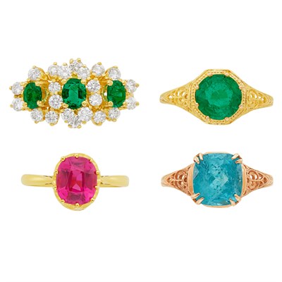 Lot 1470 - Gold, Emerald and Diamond Ring and Three Gem-Set Rings
