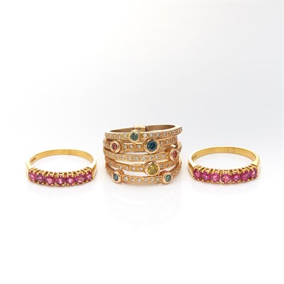 Lot 1434 - Five Row Gold, Treated Diamond and Diamond Band Ring and Pair of Gold and Ruby Rings