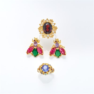 Lot 1431 - Two Gold, Diamond, Enamel and Gem-Set Rings and Pair of Gem-Set Insect Earrings