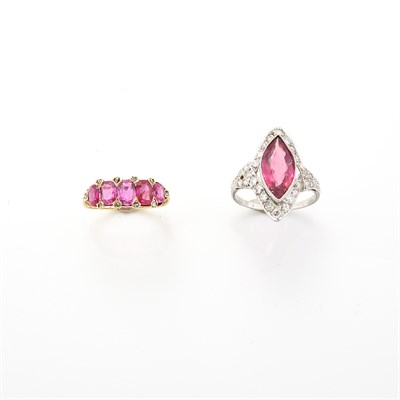 Lot 1034 - Platinum, Pink Tourmaline and Diamond Ring and Gold, Ruby and Diamond Ring