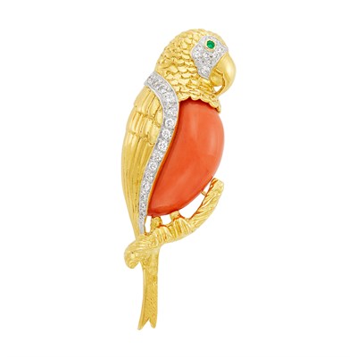 Lot 704 - Two-Color Gold, Coral, Diamond and Emerald Parrot Clip-Brooch