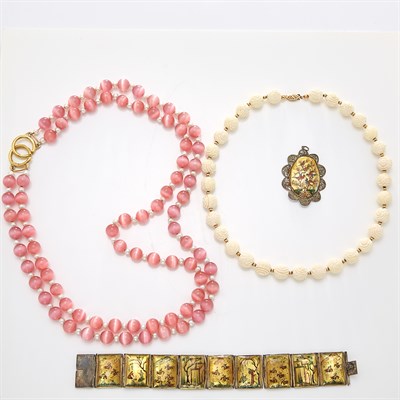 Lot 1587 - Silver and Painted Mother-of-Pearl Bracelet and Pendant and Two Carved Bone Bead, Pink Cat's Eye Glass Bead and Cultured Pearl Necklace